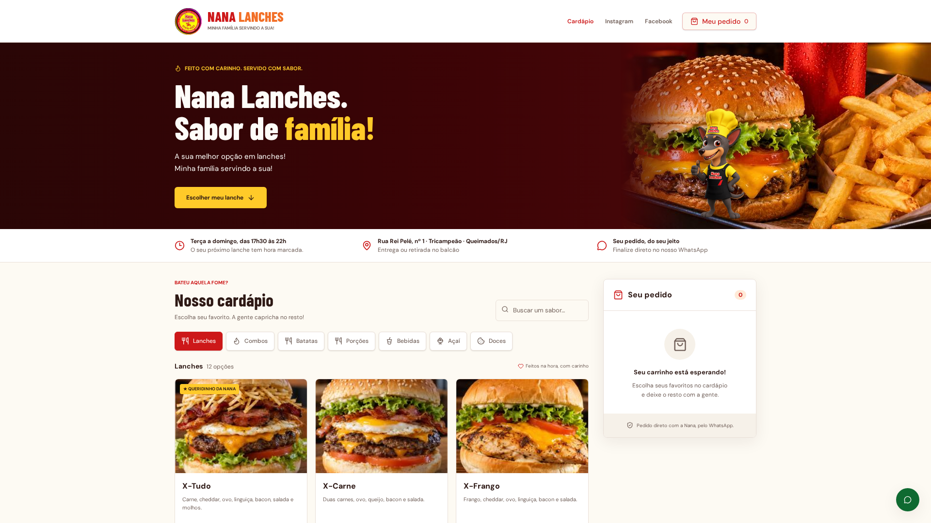 Vitrine real da Nana Lanches, com identidade amarela e laranja